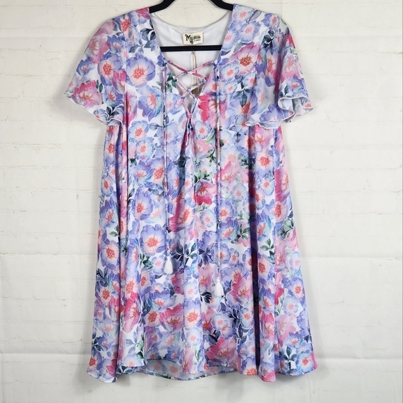 Show Me Your MuMu Kylie Floral Lace-Up Boho Flowy Vacation Mini Dress XS (0-2) - Picture 3 of 14